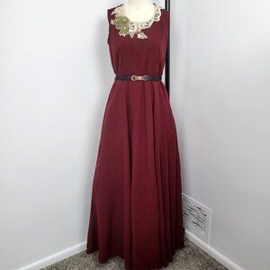 Neeru Kumar Burgundy Floral Appliqué Sleeveless Maxi Dress